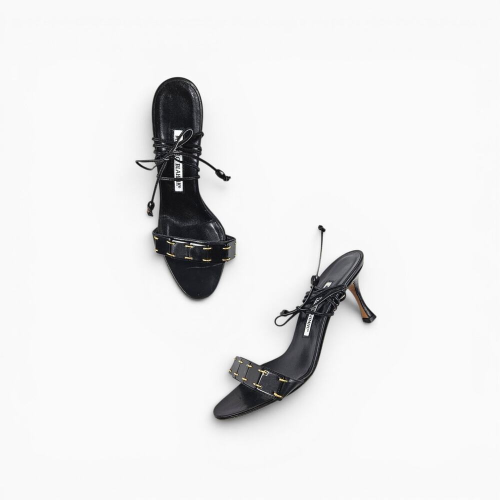 Y2k Manolo Blahnik Kitten Heels Strappy Black Leather - Size 35.5 (5) - Picture 2 of 6
